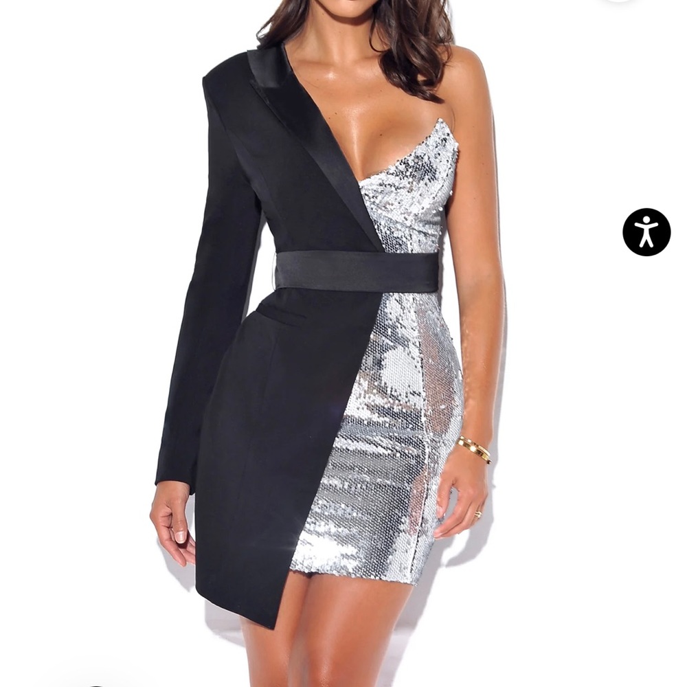 Silver Night Black Sequin Crepe Tuxedo Blazer Dress